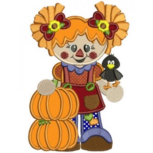 Cute Scarecrow Girl with two pumpkins Applique Machine Embroidery Digitized Design Pattern